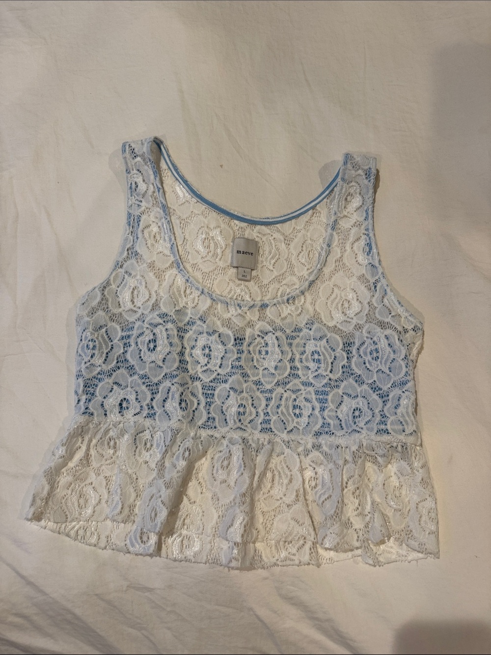 Anthropologie White Lace Peplum Tank with Light Blue Trim